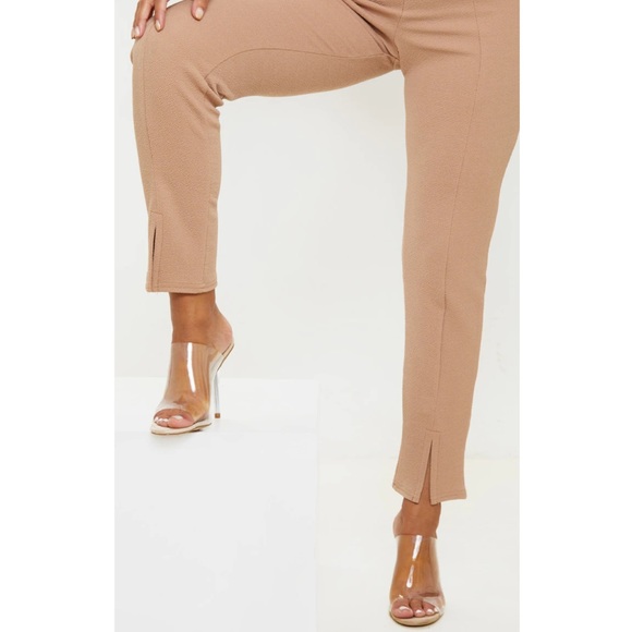 NWT PrettyLittleThing Camel Brown High Waisted Crepe Split Hem Trouser Pants - Picture 12 of 12